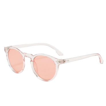 Sunglasses with pink lenses and clear frame on a white background