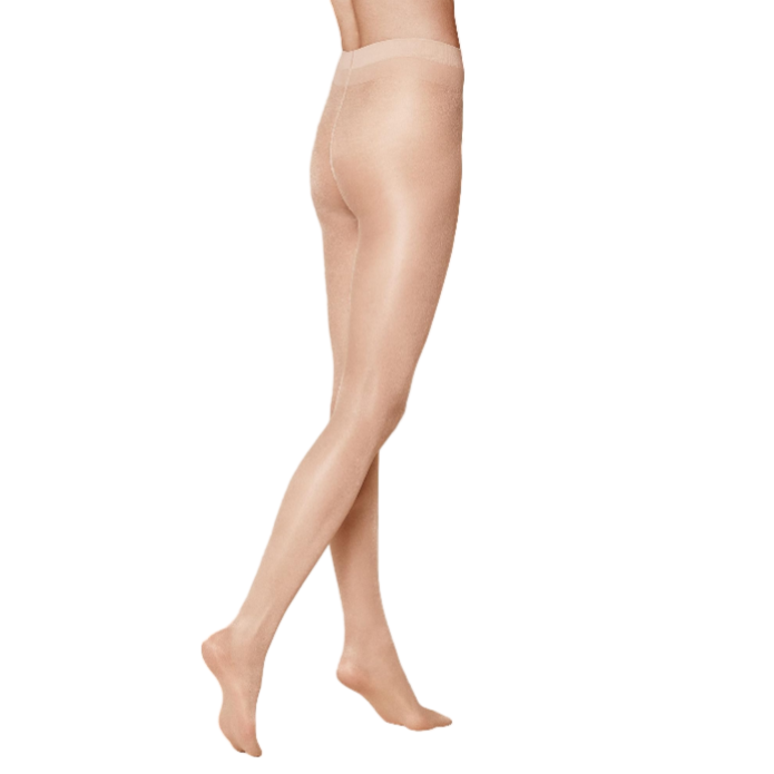 Beige sheer leggings worn by a person on a white background