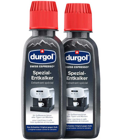Durgol Swiss Espresso coffee machine cleaner packaging with two bottles on a white background