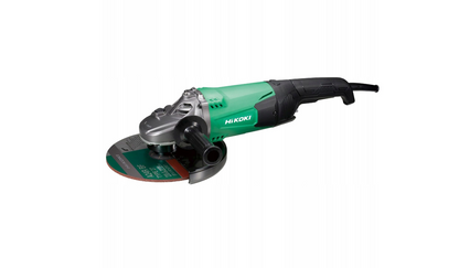 Green and black angle grinder on a white background