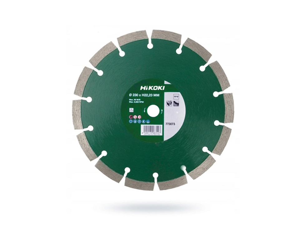 Green diamond cutting disc with Hikoki branding on a white background
