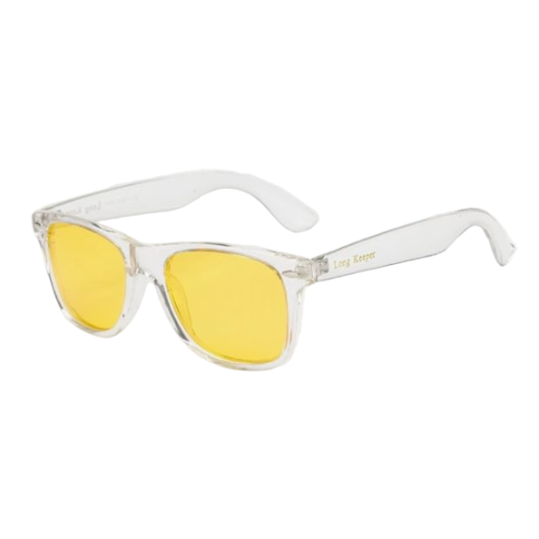 Clear frame sunglasses with yellow lenses on a white background
