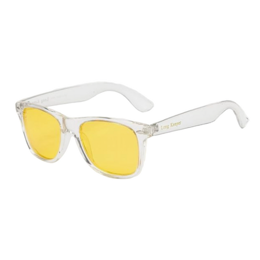 Clear frame sunglasses with yellow lenses on a white background