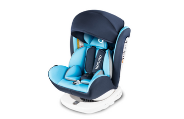Blue and navy car seat with 'lionelo' branding on a white background