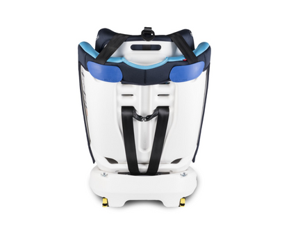 White and blue baby car seat on a white background