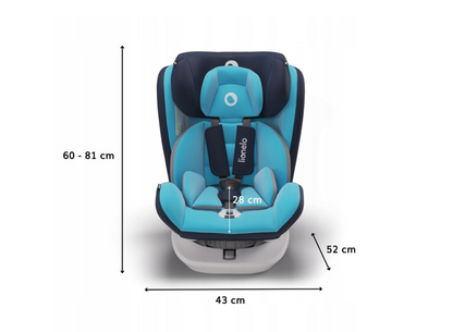 Blue and black car seat with dimensions labeled on a white background
