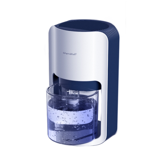 Blue and white water dispenser with clear container on a white background