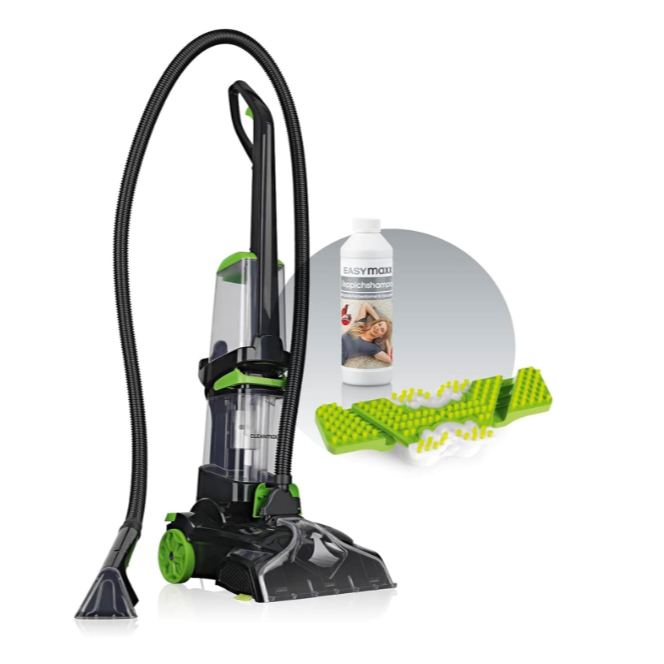 Green and black vacuum cleaner with cleaning tools on a white background