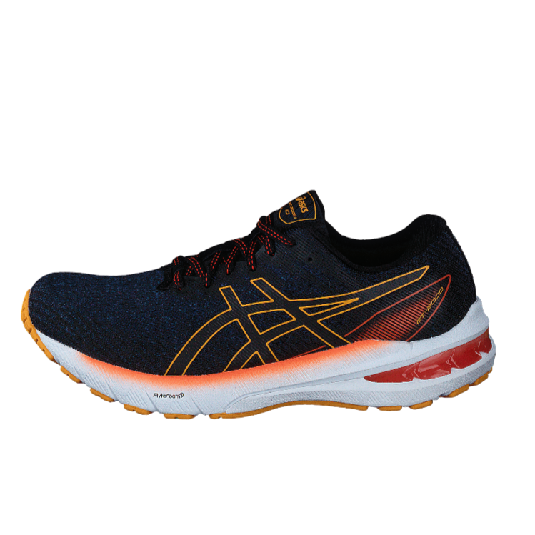 Black running shoe with orange and red accents on a white background