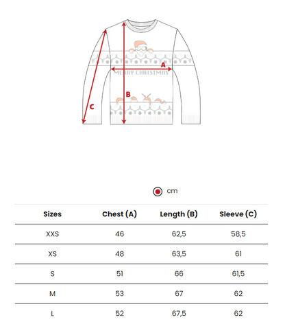Measurement chart for a Christmas-themed long-sleeve shirt with size chart and measurements.