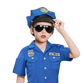 Child wearing a blue police costume with a hat and sunglasses on a white background