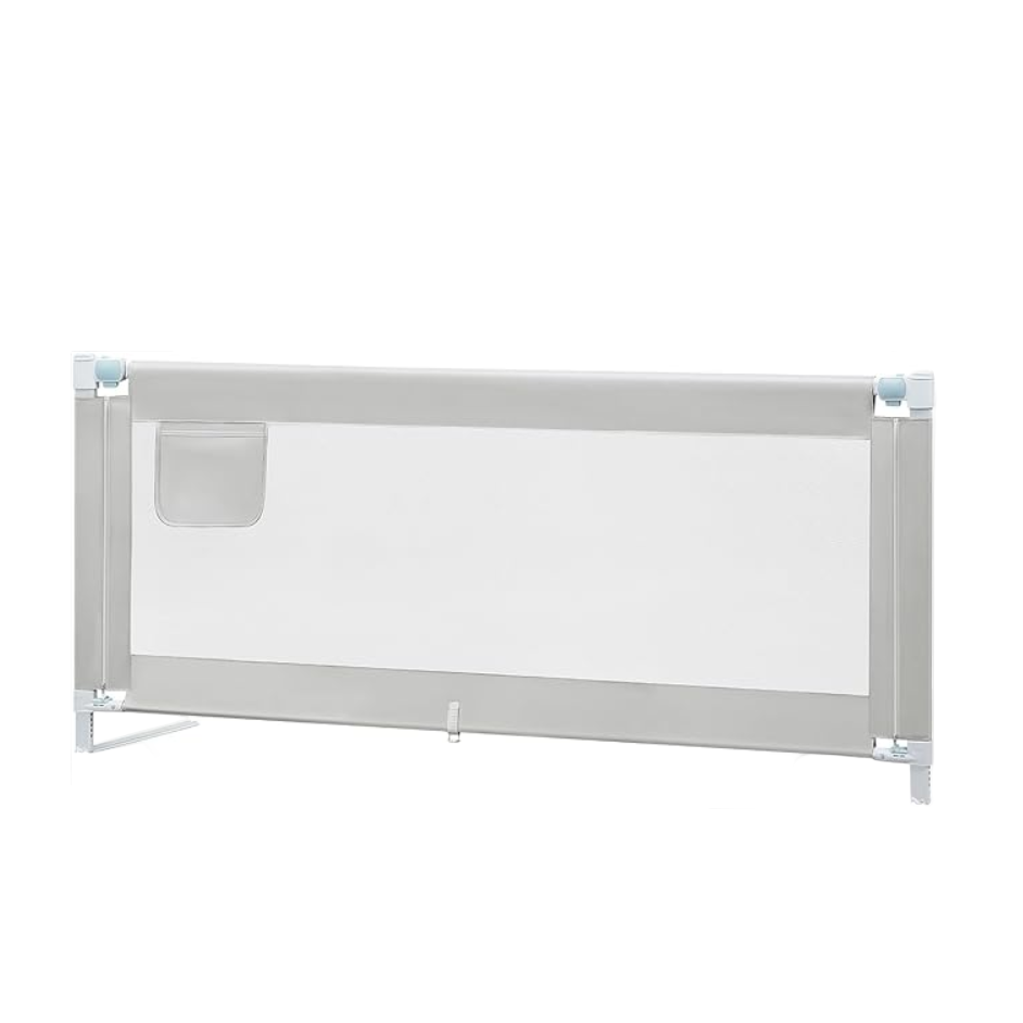 White baby gate with gray frame on a white background