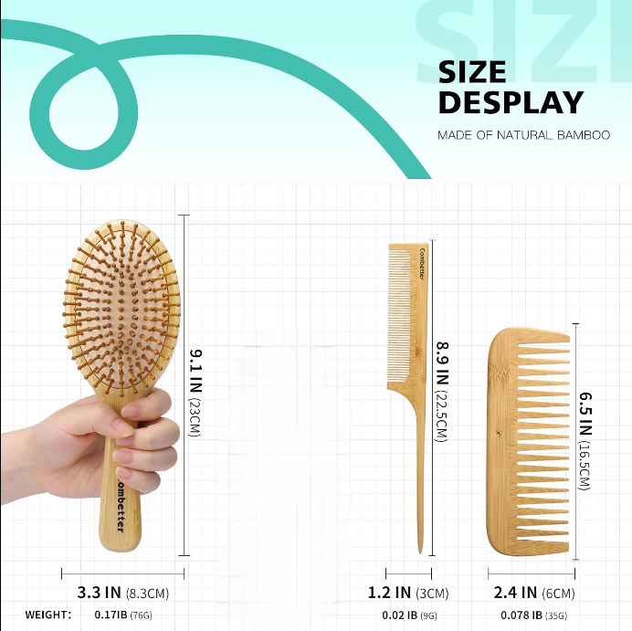 Eco Bamboo Hair Brush & Comb Set – 3 Piece