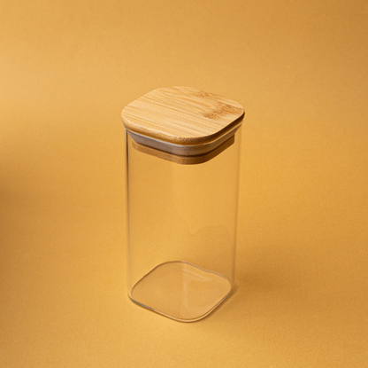 Premium Square Glass Storage Jar Set Of 6 with Airtight Bamboo Lid