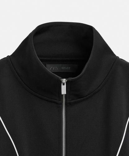 ZARA Men's Contrast Technical Jacket: Zippered Activewear, High Neck, Pockets, Black