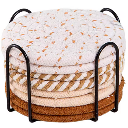 Absorbent Cotton Woven Boho Coasters Set of 8 with Holder for Drinks