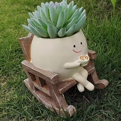 Creative Resin Rocking Chair Flower Pot with Smiling Face