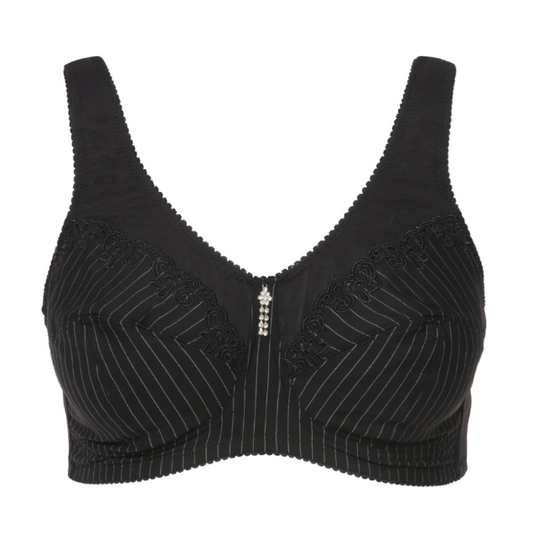 Ulla Popken Kelly Pinstripe Support Bra – Black, Wireless, Super Supportive