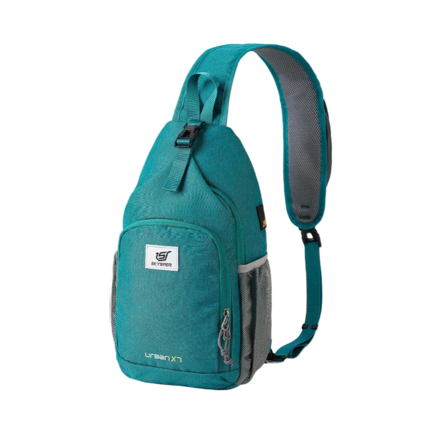 Teal sling bag with gray accents on a white background
