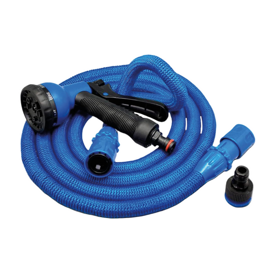 Blue garden hose set with spray patterns on a computer screen