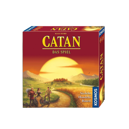 Board game box titled 'Catan' with a scenic design on a white background