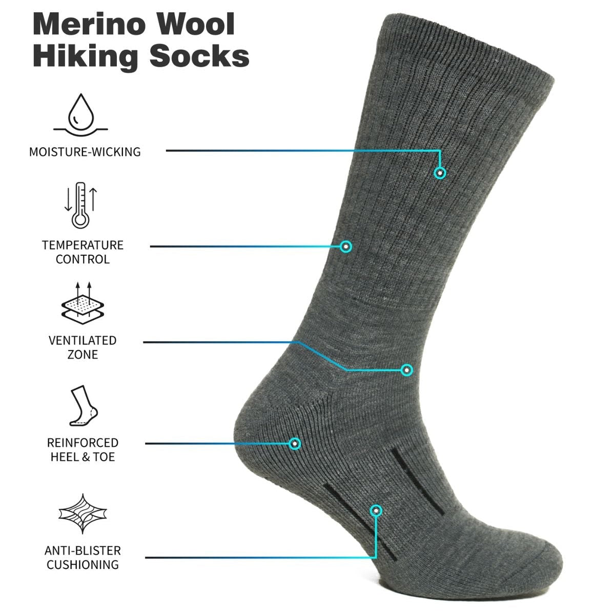 Premium Merino Wool Hiking Socks Pack of 3 Dark Grey
