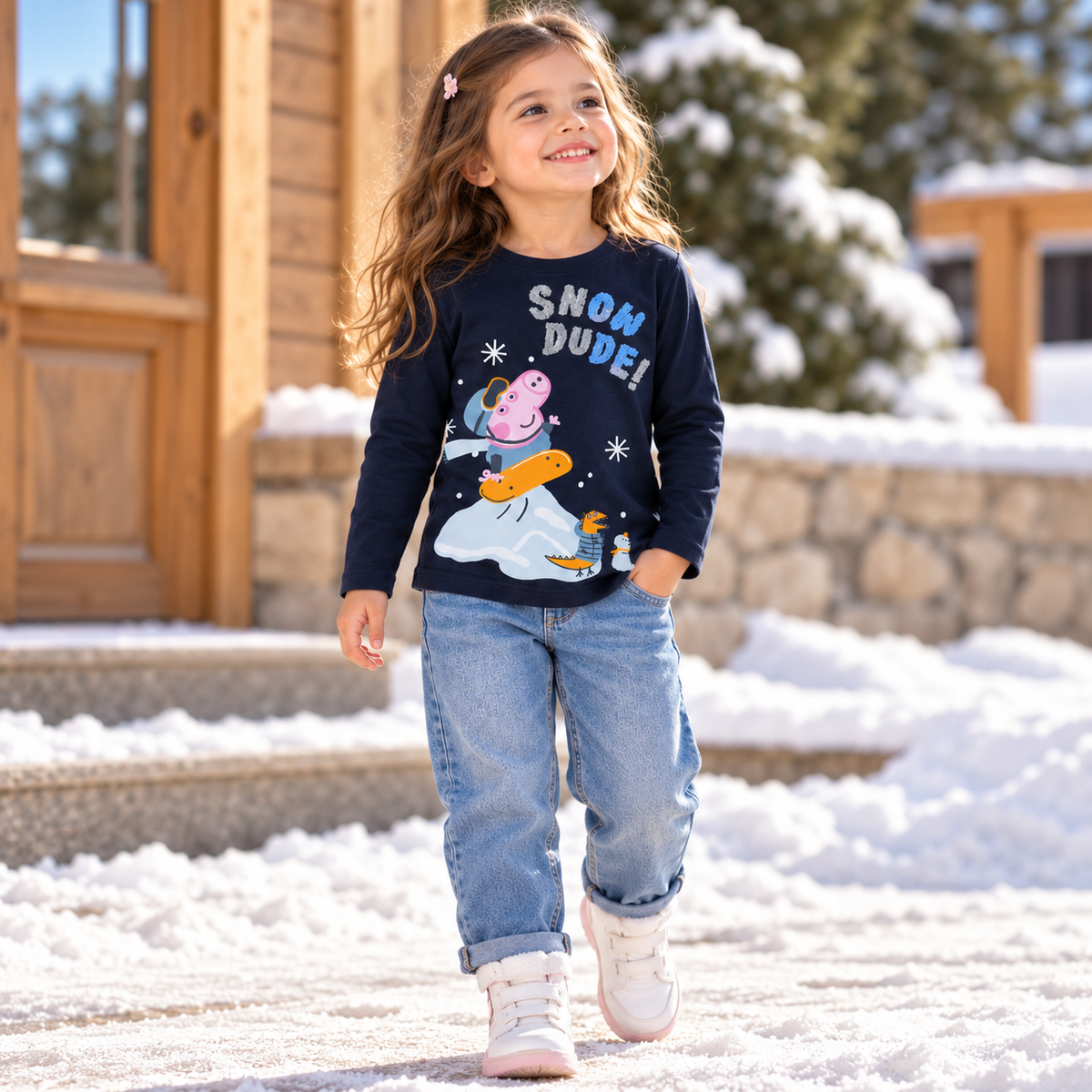 Peppa Pig Girls' Snow Dude Long Sleeve Cotton T-Shirt
