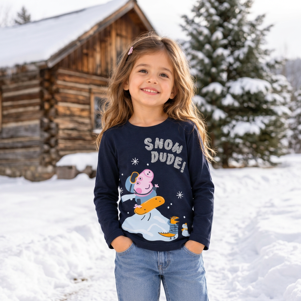 Peppa Pig Girls' Snow Dude Long Sleeve Cotton T-Shirt