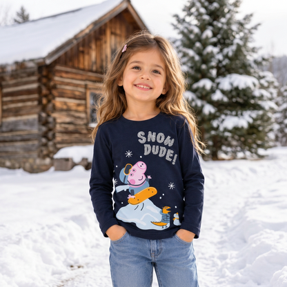 Peppa Pig Girls' Snow Dude Long Sleeve Cotton T-Shirt