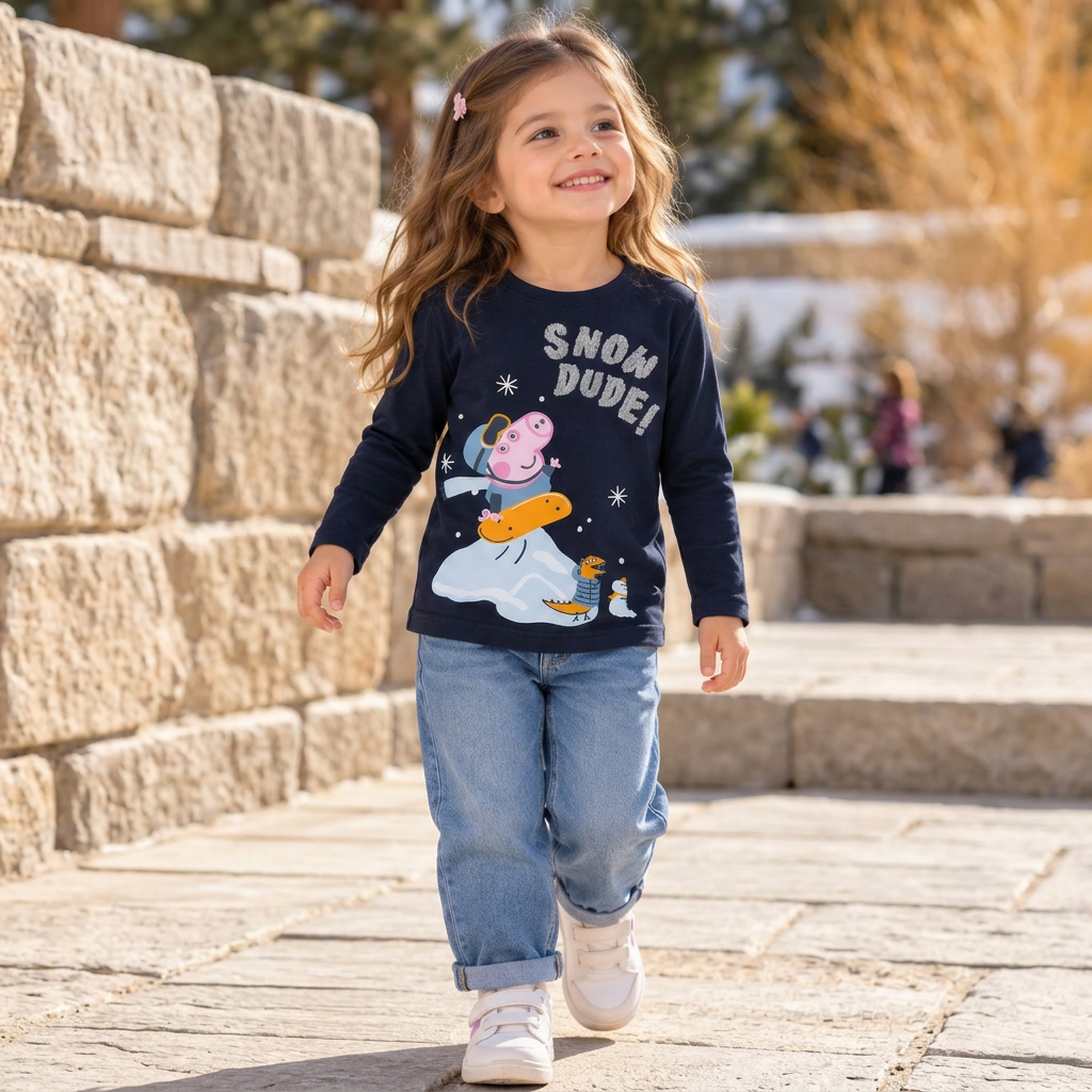 Peppa Pig Girls' Snow Dude Long Sleeve Cotton T-Shirt