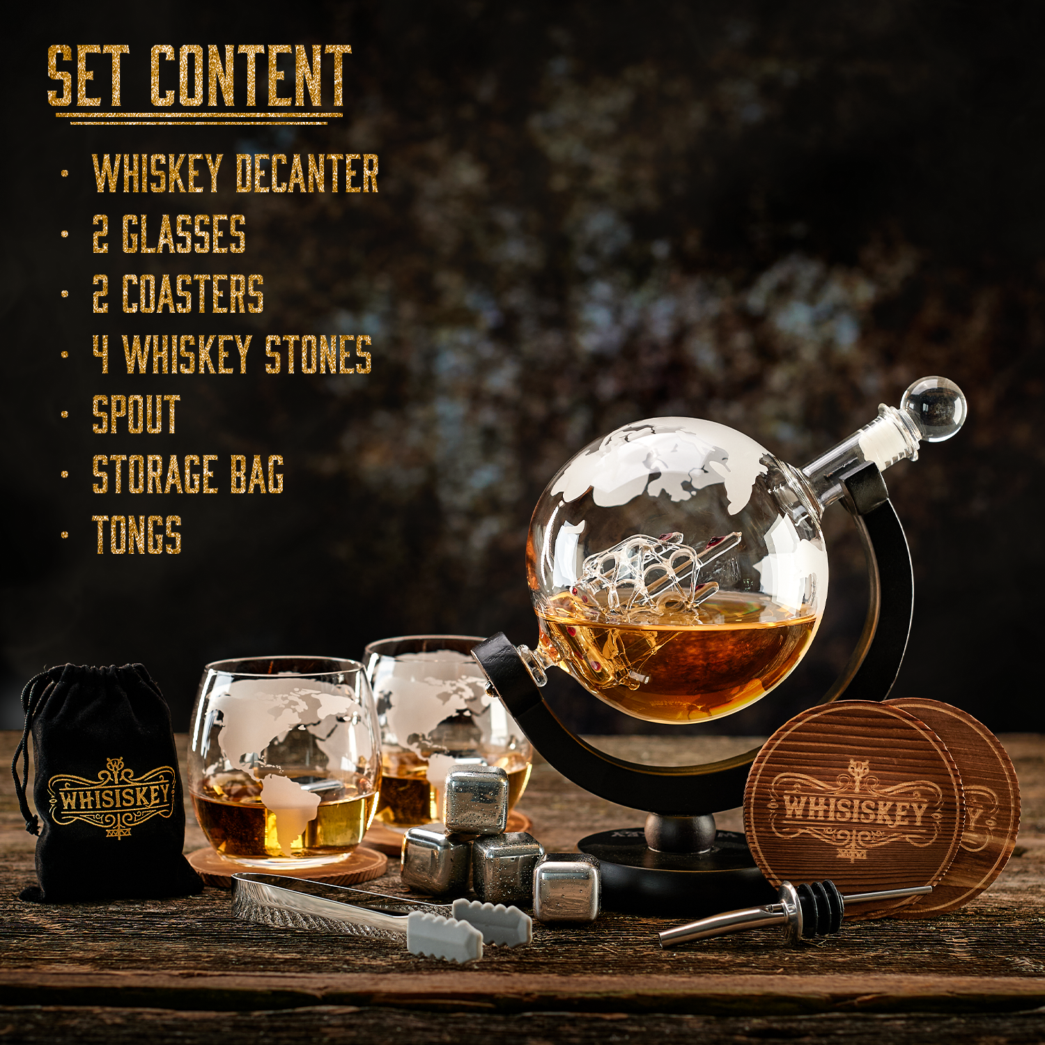 The Explorer Luxury Whiskey Decanter Set with Wooden Stand