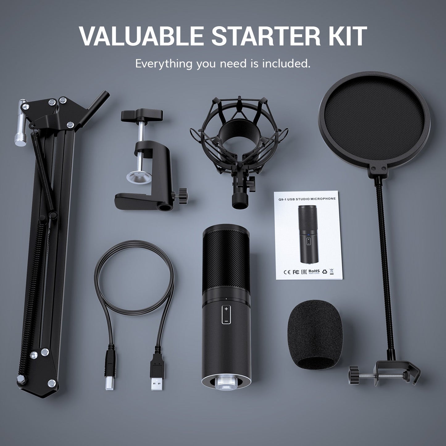 TONOR Q9 USB Condenser Microphone Kit with Boom Arm