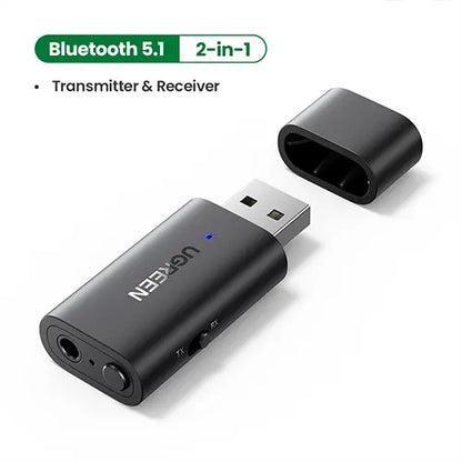 A black 2-in-1 Bluetooth 5.1 USB transmitter and receiver dongle shown on a white background, with its cap removed and placed beside it.