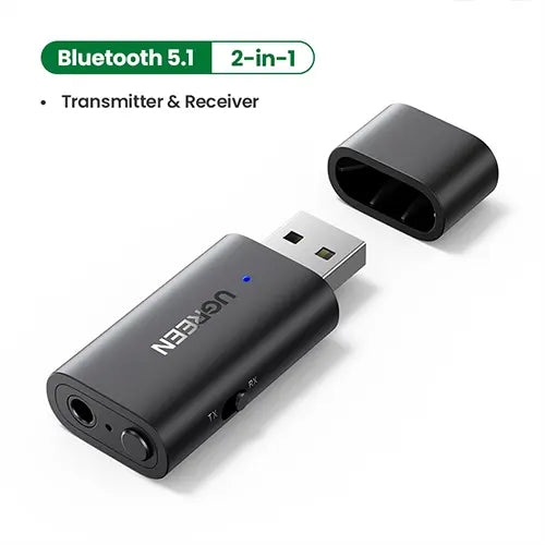 A black 2-in-1 Bluetooth 5.1 USB transmitter and receiver dongle shown on a white background, with its cap removed and placed beside it.