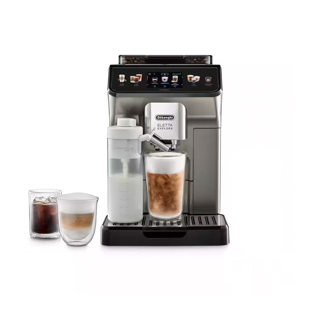 De'Longhi coffee machine with a glass of coffee and milk on a white background