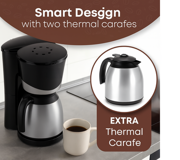 Coffee maker with two thermal carafes on a kitchen counter, featuring an inset image of an extra thermal carafe.