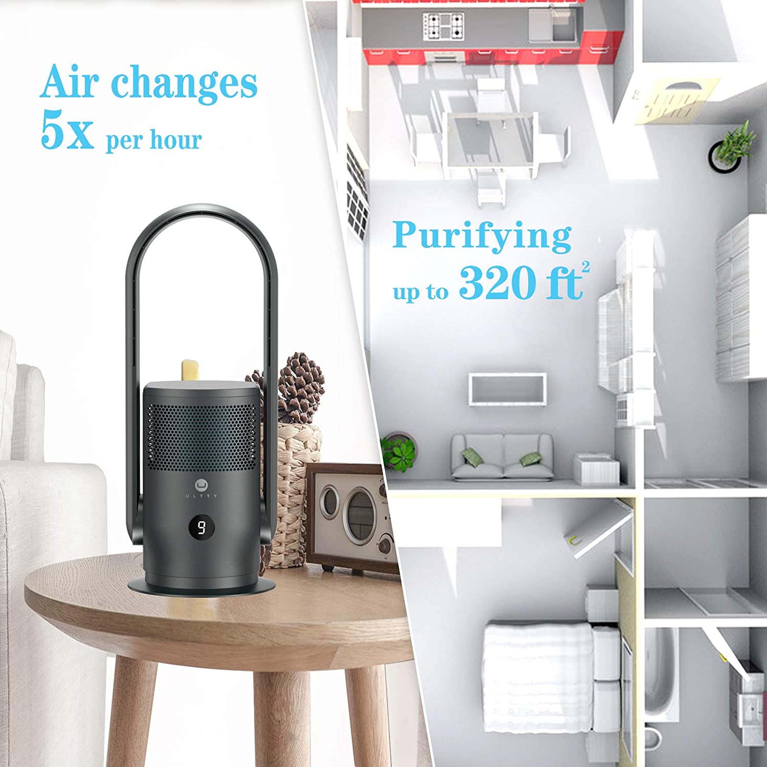 ULTTY Bladeless Tower Fan with HEPA Air Purifier