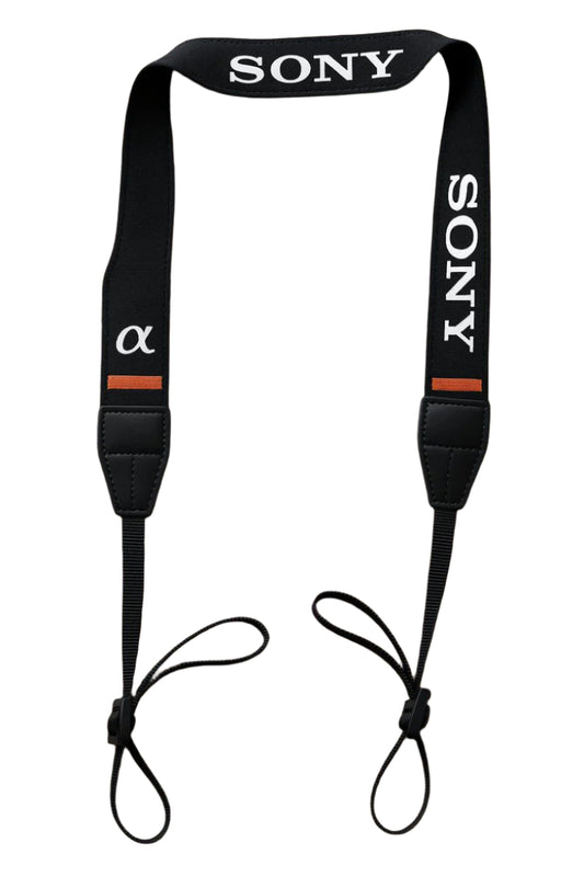 Sony camera strap with brand logos on a white background