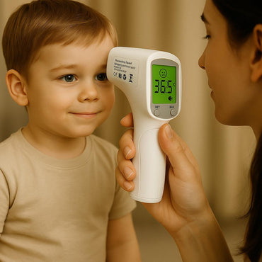 Child being measured with a digital thermometer by an adult