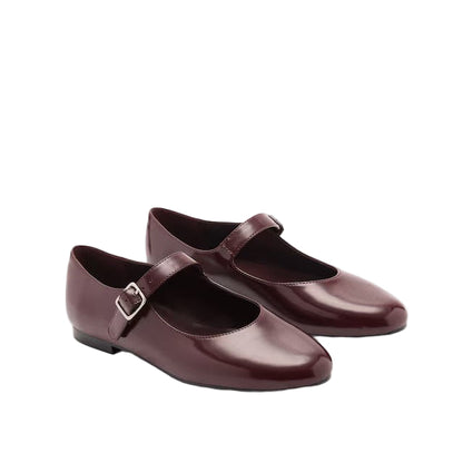 Elegant Burgundy Patent Leather-Effect Ballet Flats with Buckle Strap