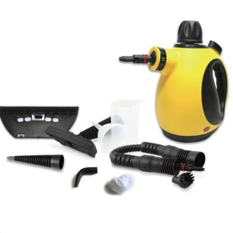 Yellow and black steam cleaner with various attachments on a white background