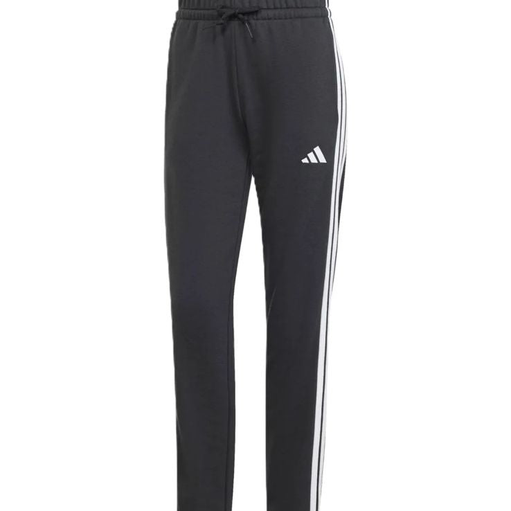 Black Adidas pants with white stripes on a shopping app interface