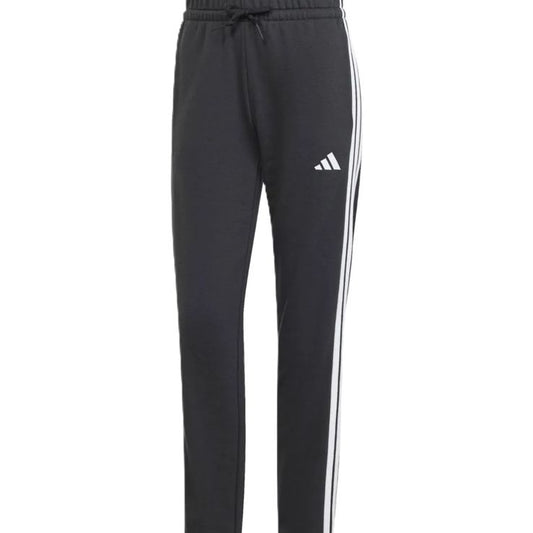 Black Adidas pants with white stripes on a shopping app interface