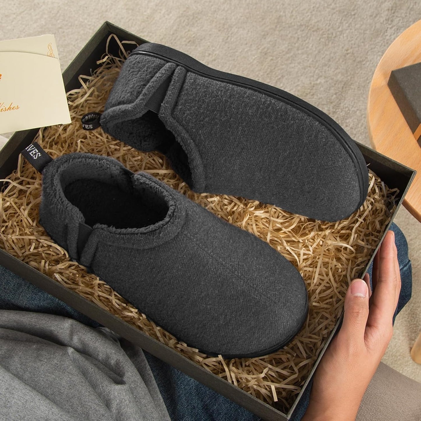 Snug Leaves Men's Faux Wool Felt Slippers: Warm, Comfy Winter House Shoes.