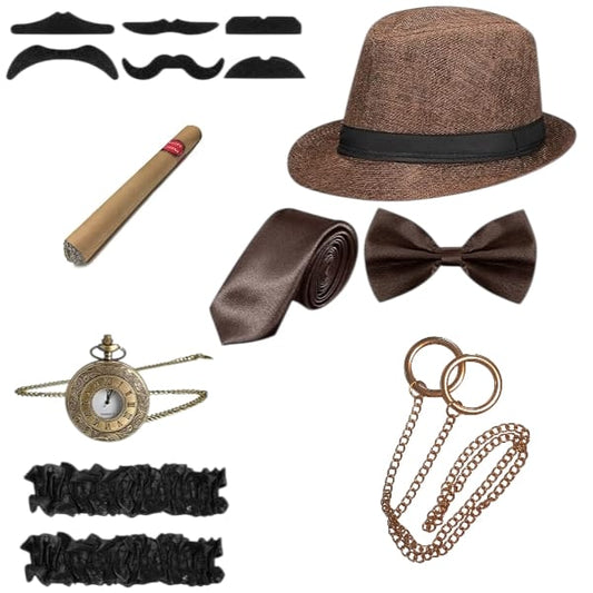 Gatsby Gangster 9 Pcs 1920s Men Costume Accessories Set