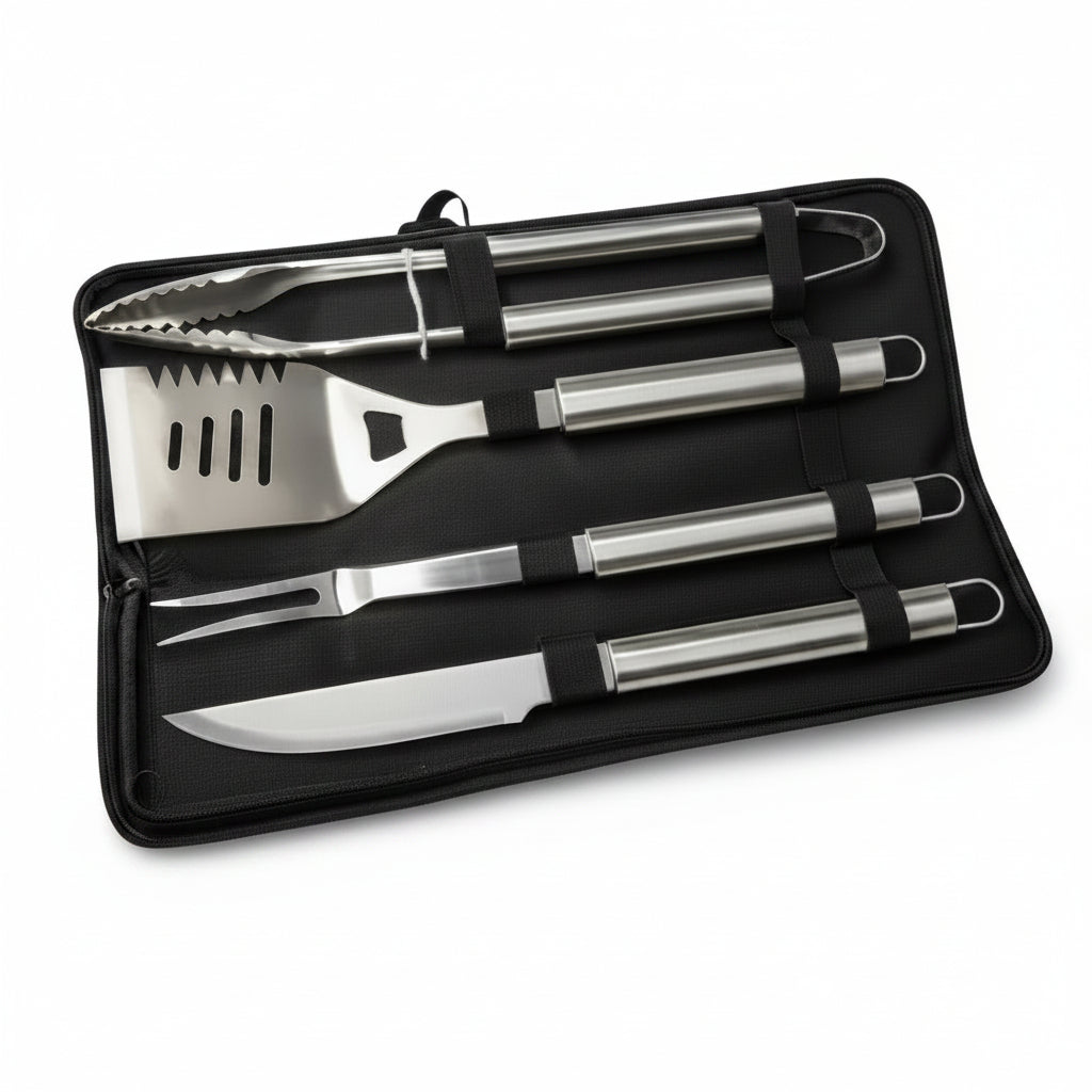 GRILLMEISTER 4-Piece Stainless Steel BBQ Grill Tool Set with Storage Case