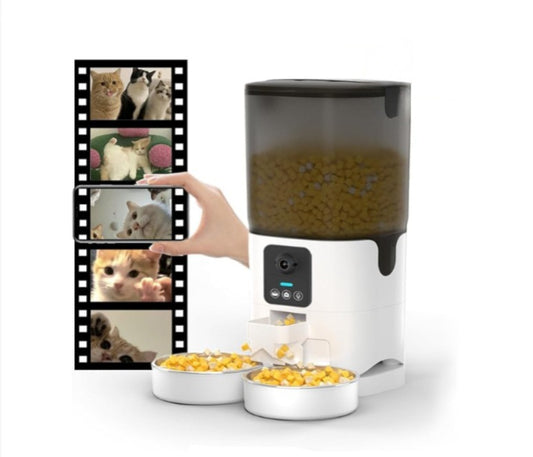 Pet food dispenser with bowls and images of pets on a white background