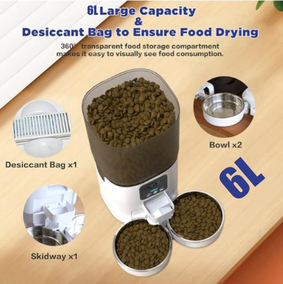Pet food dispenser with 6L capacity, desiccant bag, and two bowls on a beige background.