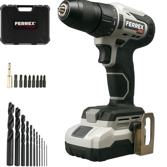 Ferrex Pro cordless drill with accessories on a white background