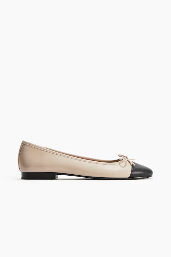 H&M Faux-Leather Ballet Flats Beige Black Contrast Toe Cap